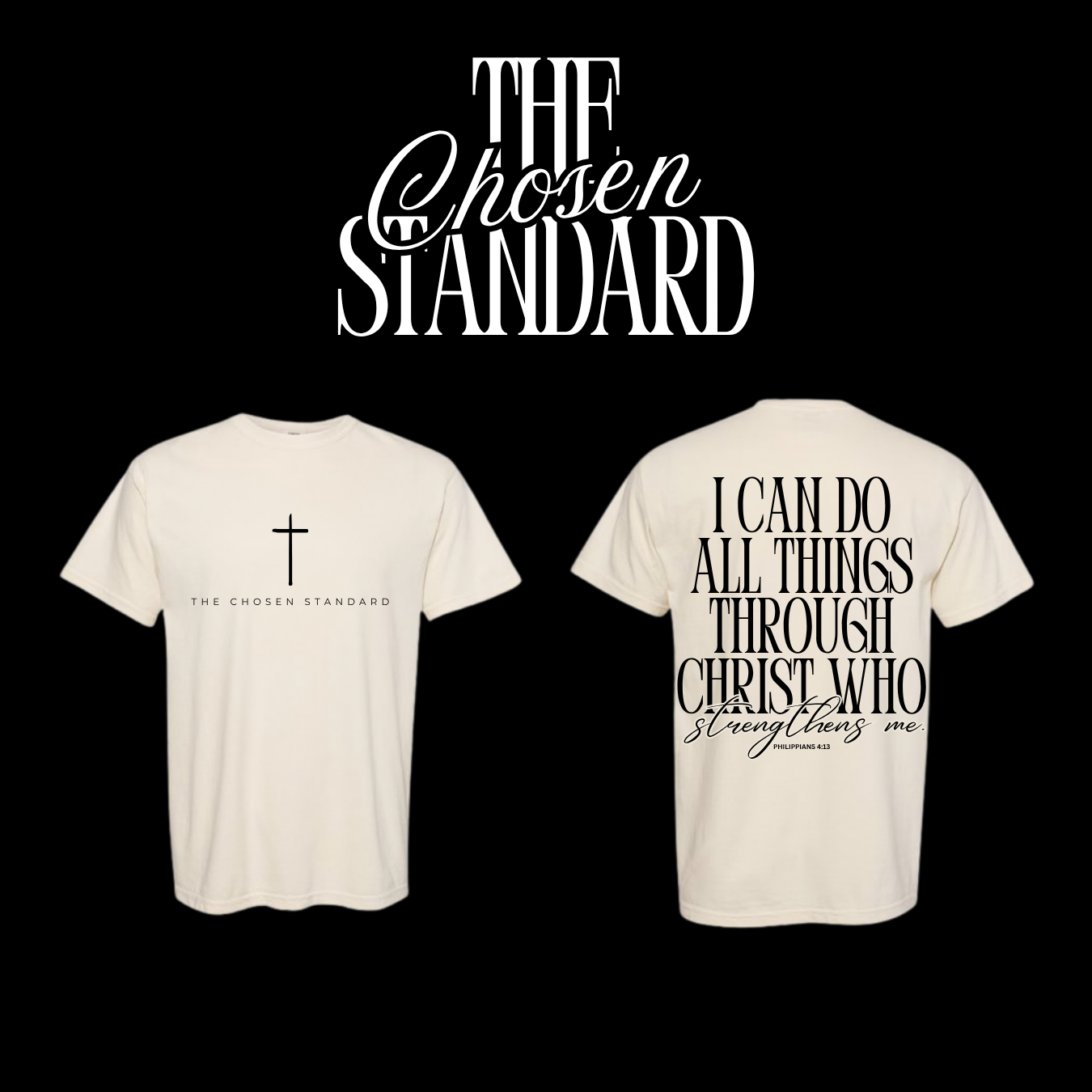 Two white t-shirts with Front and back display of the God Is Greater Wavy Tee in slate blue, showcasing fluid typographic layout.