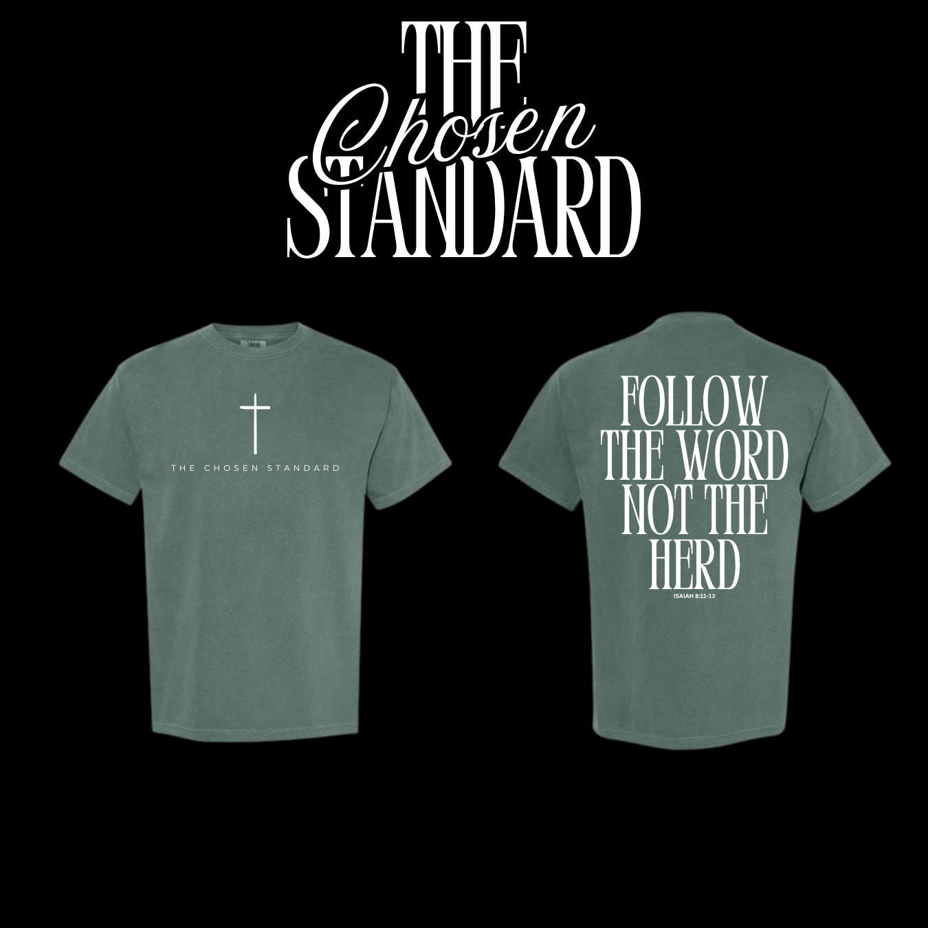 Green t-shirt with Front and back display of the Minimalist Fine-Line Cross Tee in premium heritage cream, detailing the script back print.