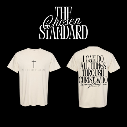 Two white t-shirts with Front and back display of the God Is Greater Wavy Tee in slate blue, showcasing fluid typographic layout.